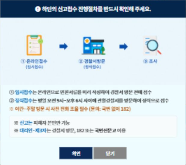 경찰청 ECRM 공식 안내: 온라인 임시접수, 경찰서 방문 정식접수, 조사 순서. 야간·주말 방문은 사전 전화 조율 안내.